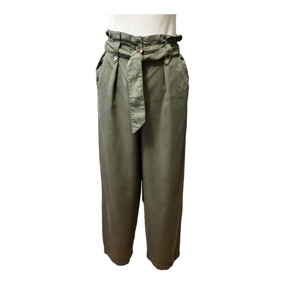 Zara Paper Bag Belt Tie Pants, Army Green, size XS - Picture 8 of 13